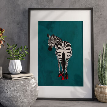 Turquoise Zebra Wearing Heels Original Art Print, 9 of 10