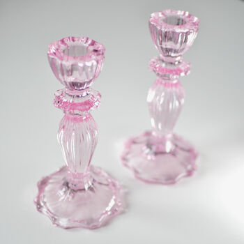Pair Of Pink Glass Lace Edge Candlesticks, 2 of 11