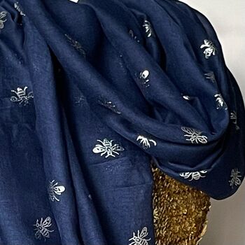 Silver Bee Print Scarf In Navy Blue, 2 of 2