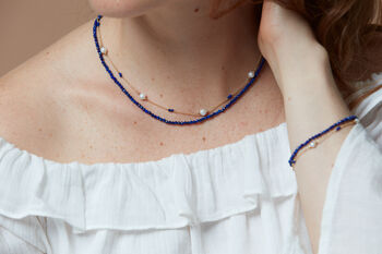 Clara Double Chain Bracelet With Lapis Lazuli And Pearl, 3 of 4