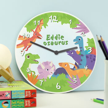 Personalised Dinosaur Wooden Childrens Clock, 2 of 3