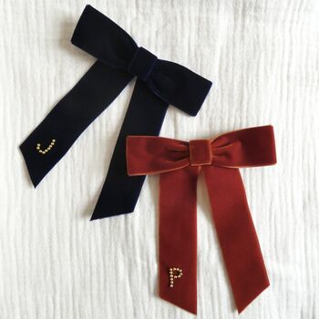 Personalised Velvet Hair Bow With Gold Monogram, 7 of 9