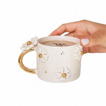 Handmade White Daisy Ceramic Mug With Gold Handle, 2 of 2