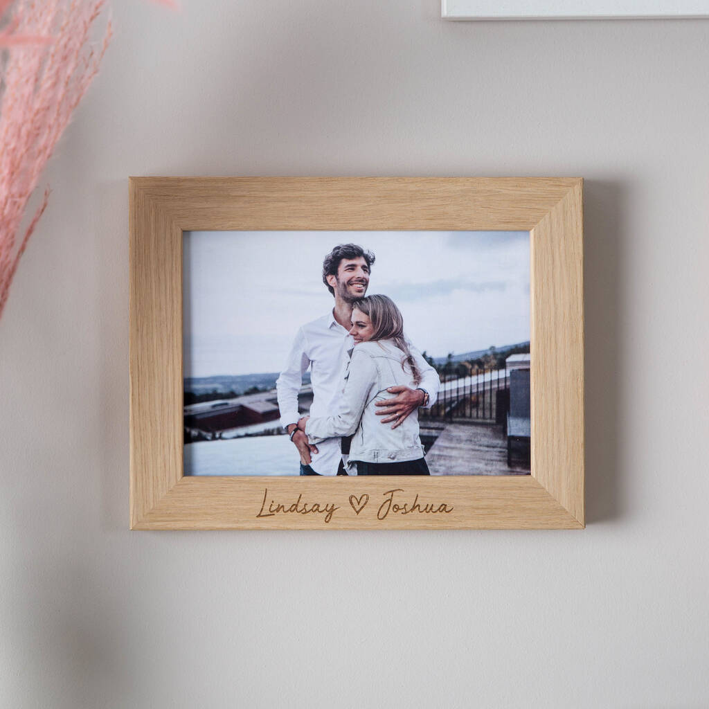 Couple's Love Heart Engraved Oak Photo Frame By No Ordinary Gift
