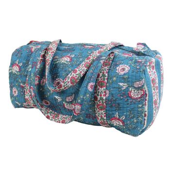 Block Printed Inky Blue And Pink Floral Stripe Quilted Duffle Bag, 5 of 7