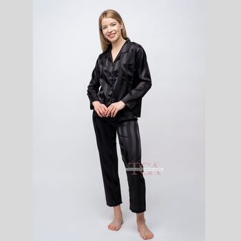 Black Stripe Soft Satin Long Sleeve Women Night Suit, 7 of 11