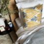 Square Ikat Silk Cushion Yellow And Blue Feather, thumbnail 8 of 8