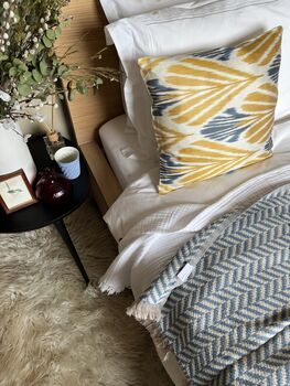 Square Ikat Silk Cushion Yellow And Blue Feather, 8 of 8