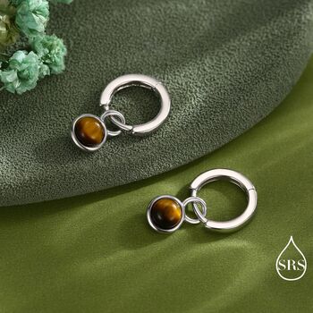 Sterling Silver Dangling Tiger's Eye Hoop Earrings, 2 of 11