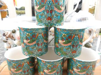 Set Of Six Palace Mugs In William Morris Teal Strawberry Thief Design, 3 of 12