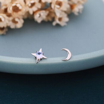 Mismatched Moon And Starburst Stud Earrings In Sterling Silver With Lab Moonstone, 2 of 11