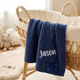Personalise Steel Blue Knitted Blanket With Bow, thumbnail 3 of 12