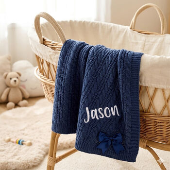 Personalise Steel Blue Knitted Blanket With Bow, 3 of 12