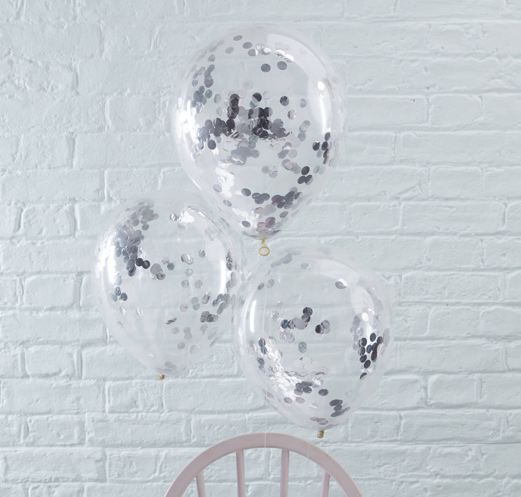 Pack Of Five Silver Confetti Filled Party Balloons, 1 of 4