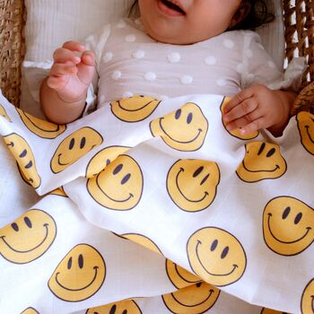 Muslin Swaddle Baby Shower Blanket Smiley, 4 of 9