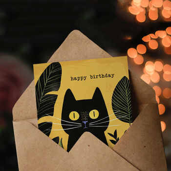 Cute Black Cat Pet And Plants Botanical Yellow Birthday Art Card, 3 of 5