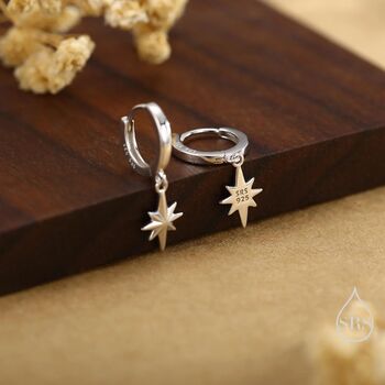 Sterling Silver Dainty Starburst Huggie Hoop Earrings, 6 of 11