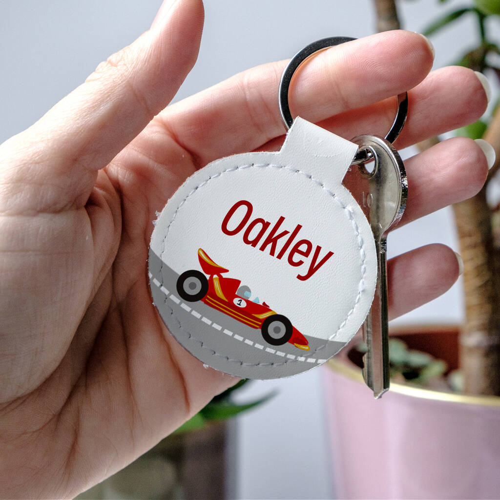 Custom Name Child's Bag Tag With Race Car. Back To School Keyring