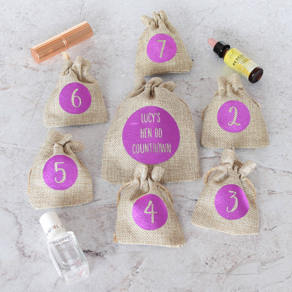 hessian hen do wedding countdown gift sacks for bride by pushka gifts
