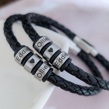 Personalised Men's Leather Bracelet – Custom Engraved Name Ring Bracelet Gift For Dad, 5 of 12