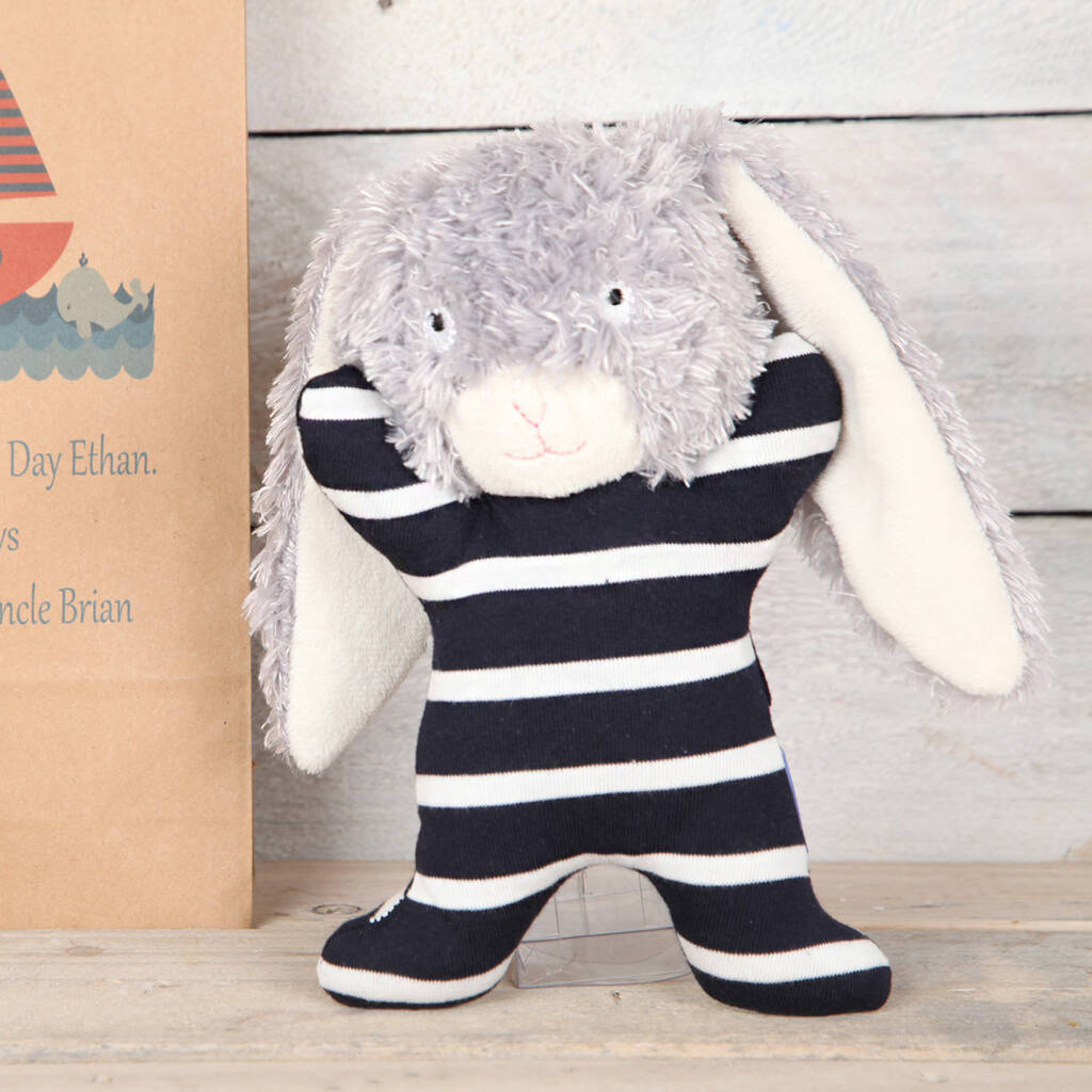 Image of Navy And White Bunny Rattle And Personalised Bag