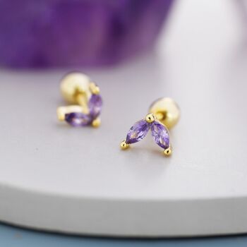 Amethyst Purple Cz Marquise Leaf Duo Barbell Earrings, 4 of 10
