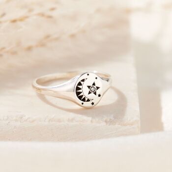 Moon And Star Birthstone Signet Ring, 3 of 8