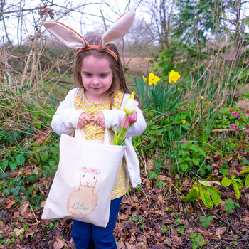 Personalised Flower Crown Bunny Easter Hunt Bag, 2 of 5