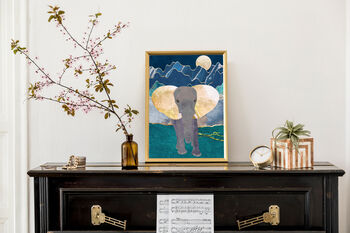 Gold Elephant Original Artwork Mountains And Moon Print, 2 of 5