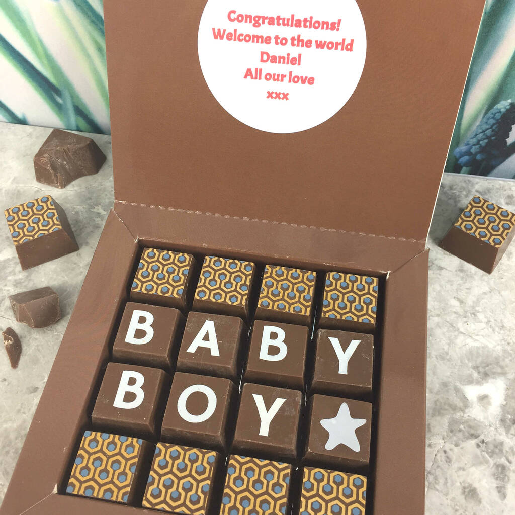 Personalised New Baby Boy Message Chocolates By Cocoapod Chocolates