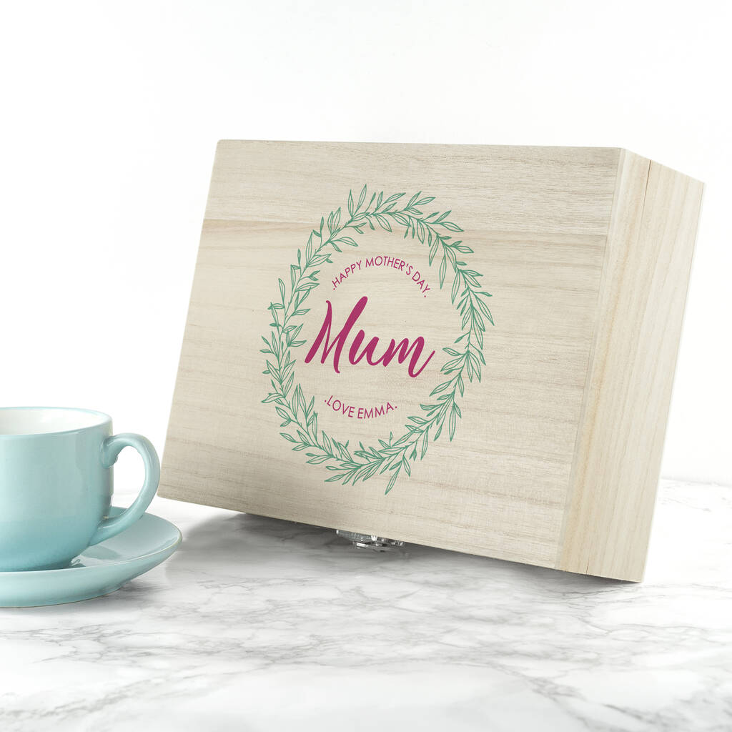 Personalised Leaf Wreath Mother's Day Tea Box With Tea, 1 of 9