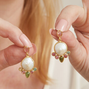 Baroque Pearl Tourmaline Gold Plated Silver Earrings, 2 of 4