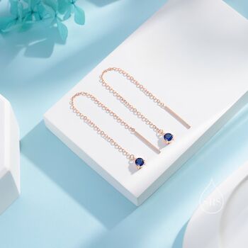 Sapphire Blue Cz Threader Earrings In Sterling Silver, 3 of 10