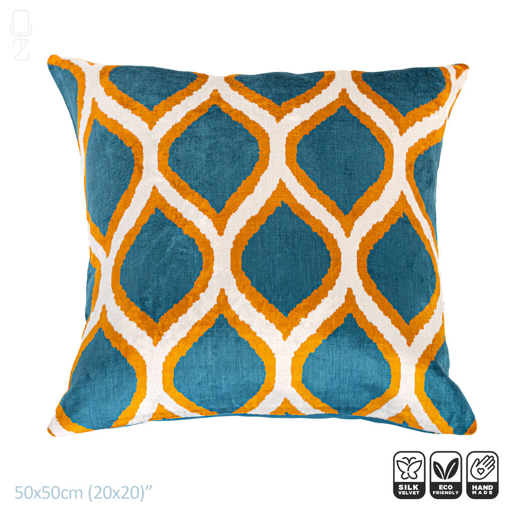 Ikat Velvet Cushion Cover With Blue And Yellow 50x50cm, 1 of 5