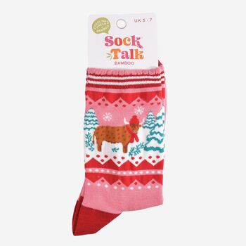 Women's Bamboo Socks Pink Christmas Highland Cow, 5 of 5