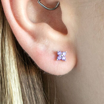 Tiny Amethyst Clover Stacking Stud Earrings, 2 of 5