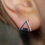 Silver Triangle Stud Earrings With Moving Black Cube, thumbnail 3 of 4