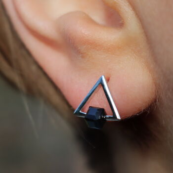 Silver Triangle Stud Earrings With Moving Black Cube, 3 of 4
