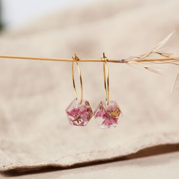 Hexagonal Preserved Pink Flower Gold Hoop Earrings, 4 of 5