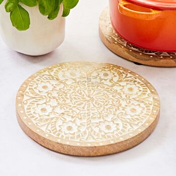 Round Floral Carved Mango Wood Trivet, 2 of 3