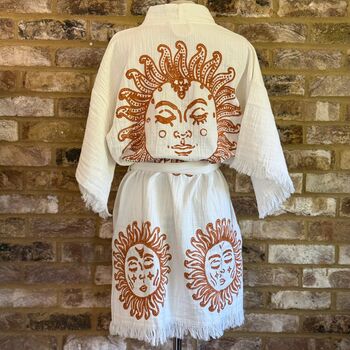 Organic Short Cotton Kimono: White With Sun, 3 of 3