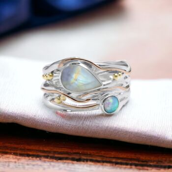 Moonstone And Blue Fire Opal Ring In Sterling Silver, 3 of 8
