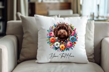 Personalised Chocolate Cockapoo Summer Floral Dog Wreath Cushion And Mug Gift Bundle, 4 of 4