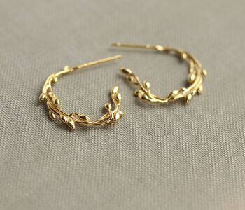 Olive Branch Small Gold Hoop Earrings, 3 of 6