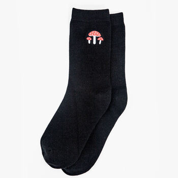 Red Toadstools Woodland Embroidered Ankle Socks Women's Black, 2 of 3
