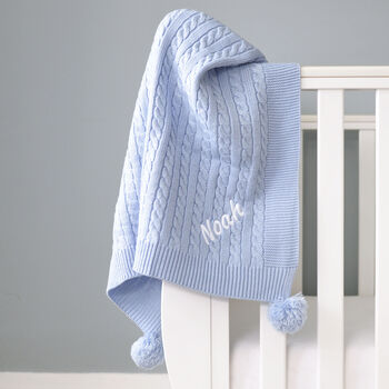 Personalised Cable Knit Pom Pom Blanket Baby Blue, 5 of 9