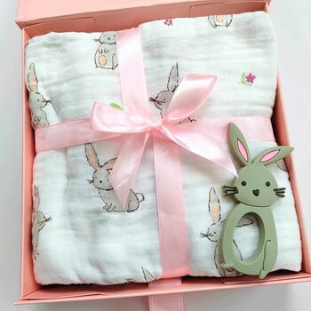 New Baby Girl Bunny Swaddle And Teether Set, 2 of 7