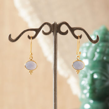 Blue Chalcedony Oval Gold And Silver Drop Hook Earrings, 8 of 11