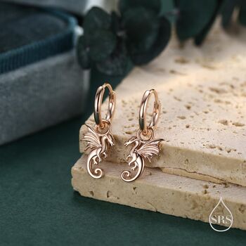 Sterling Silver Flying Dragon Huggie Hoop Earrings, 5 of 11