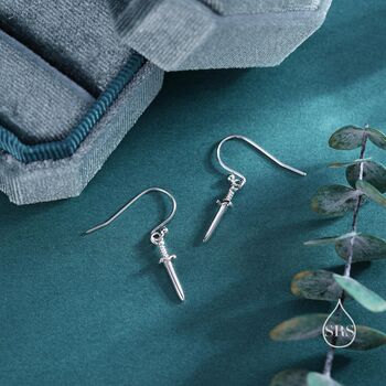 Sterling Silver Little Dagger Sword Drop Hook Earrings, 5 of 12